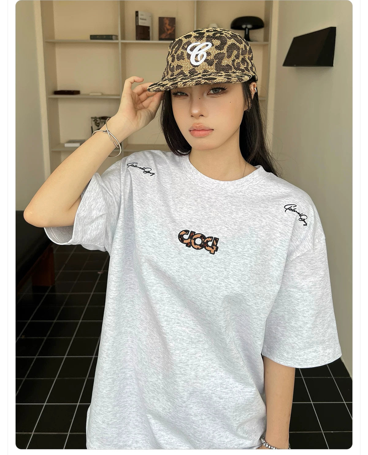 404MOB Leopard Print Alphabet Embroidered Round Neck Versatile Tee