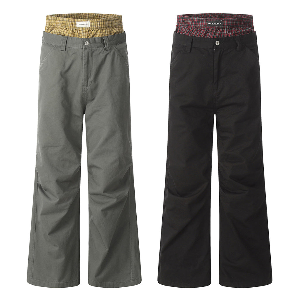 11KN Plaid Splicing Casual Straight-leg Pants