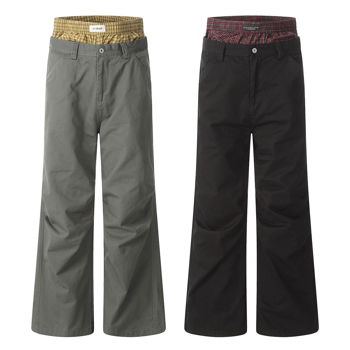 11KN Plaid Splicing Casual Straight-leg Pants