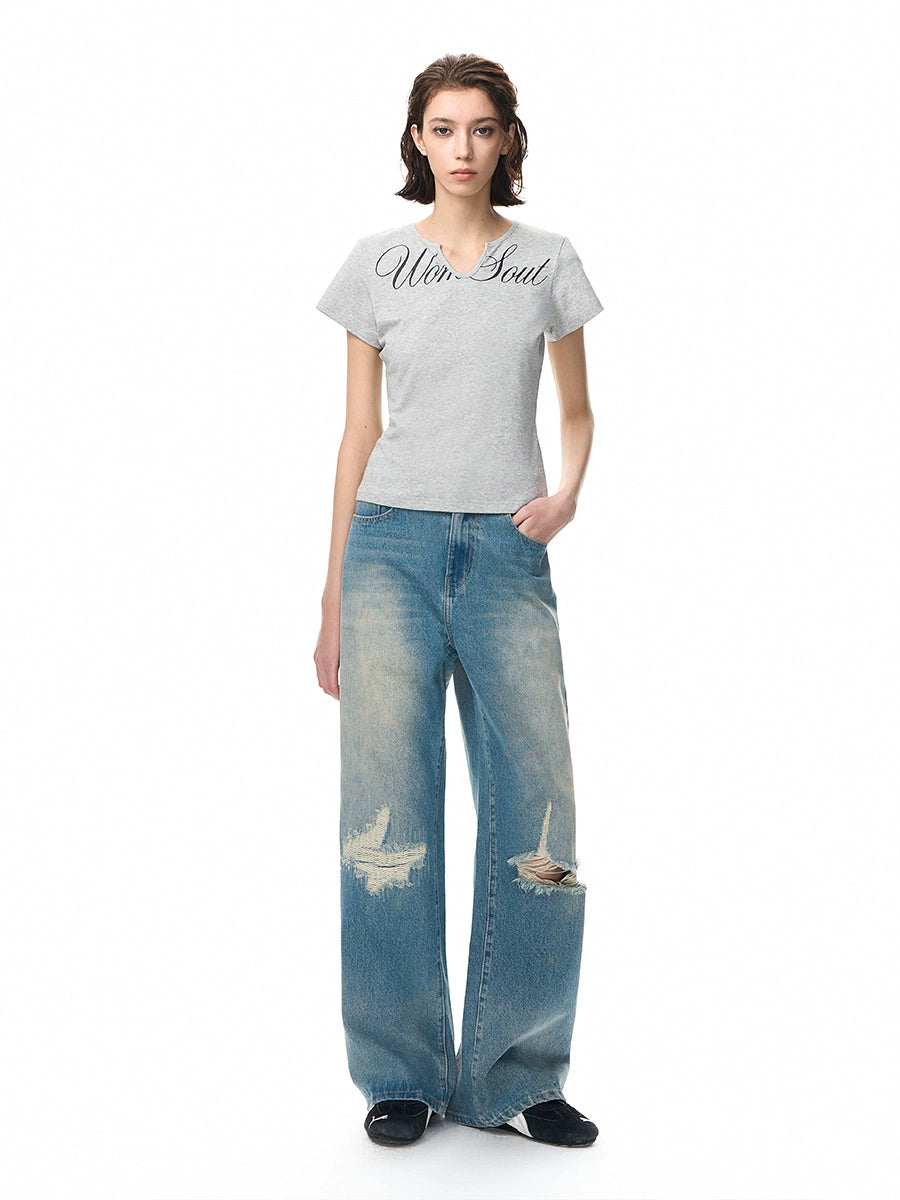 NICEBAD Slim Fit V Collar Body Printed Tee