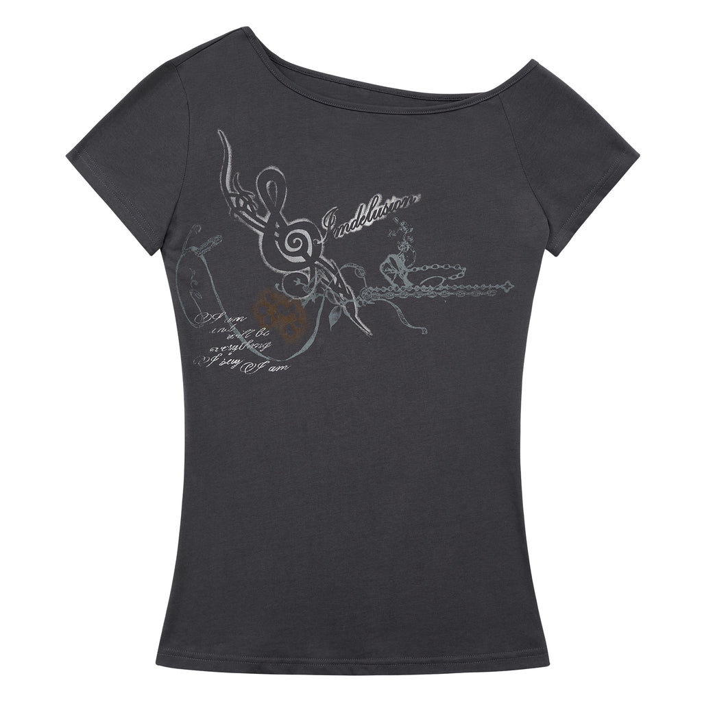 Imdelusion Open Shoulder Slant Shoulder Elastic Slim Tee