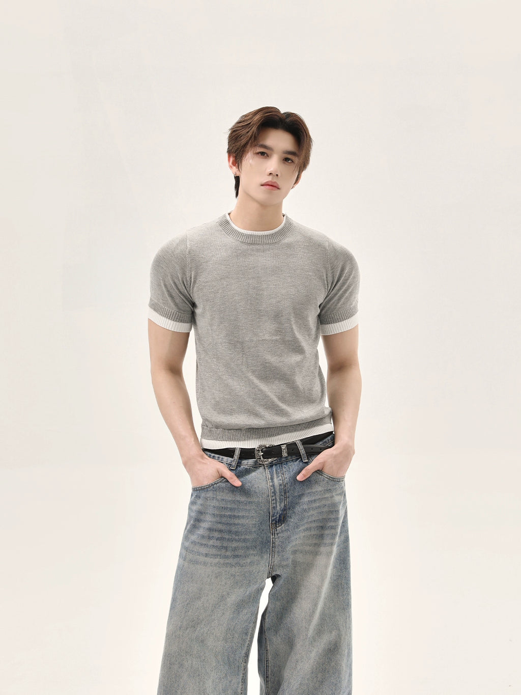 TURNTIDE Fake Two Piece Knitted Slim Tee