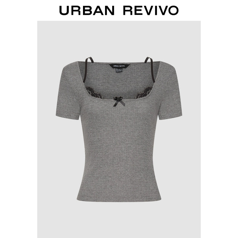 URBAN REVIVO Stitching Lace Bow Decorative Tee