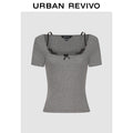 URBAN REVIVO Stitching Lace Bow Decorative Tee