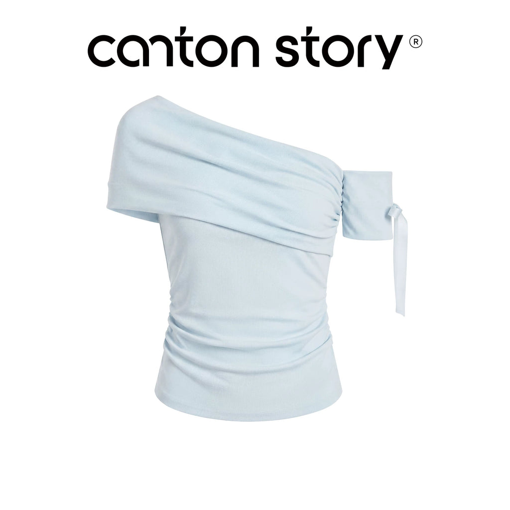 Cantonstory Slanted Shoulder Waist Slim and Thin Tee