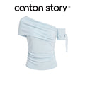 Cantonstory Slanted Shoulder Waist Slim and Thin Tee