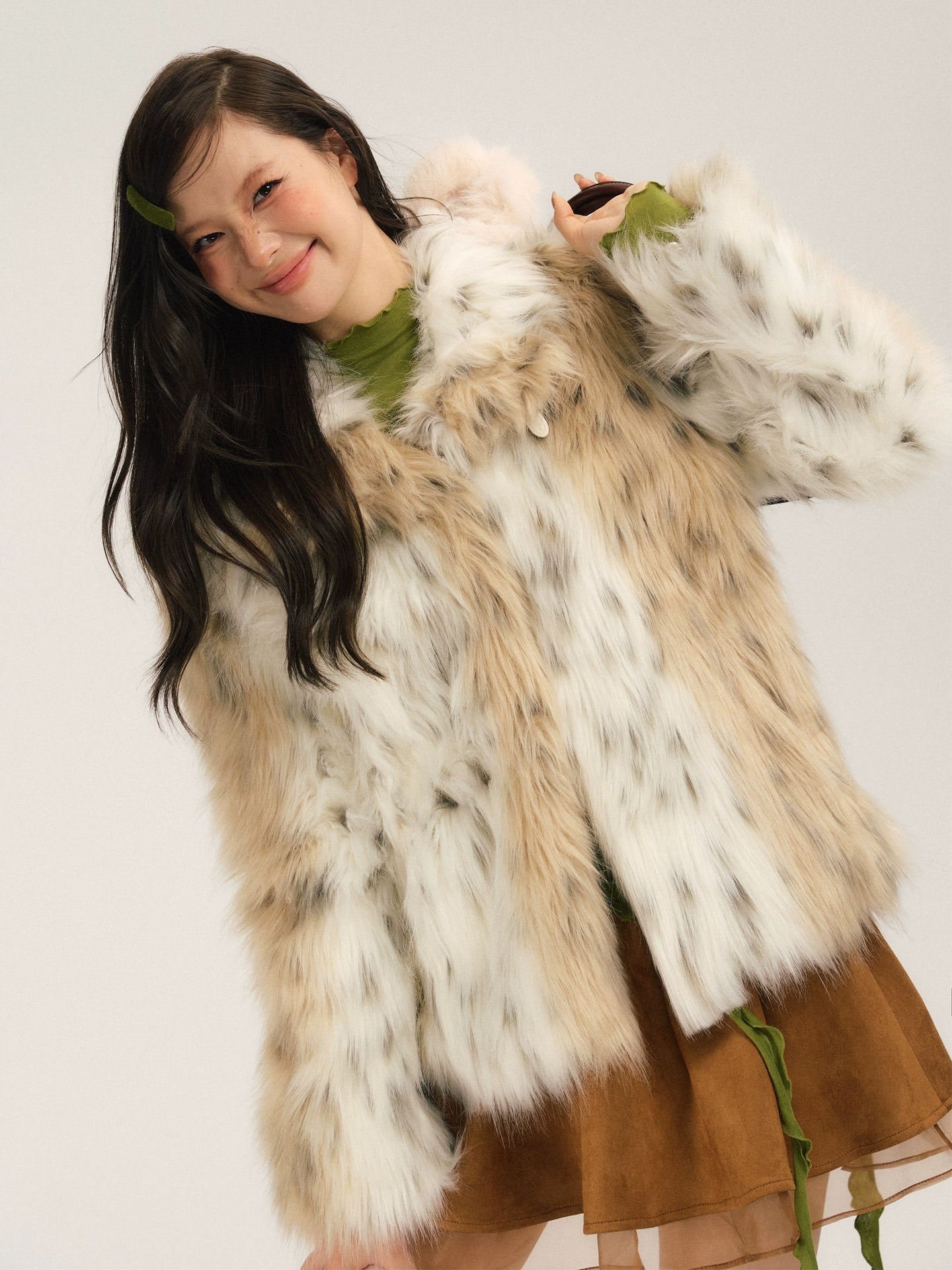 SASSY MOODY Color Matching Leopard Print Warm Thickened Environmentally Friendly Fur Jacket