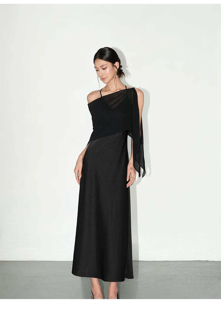 NEVA HU Satin V-neck Shawl Halter Suspender Dress