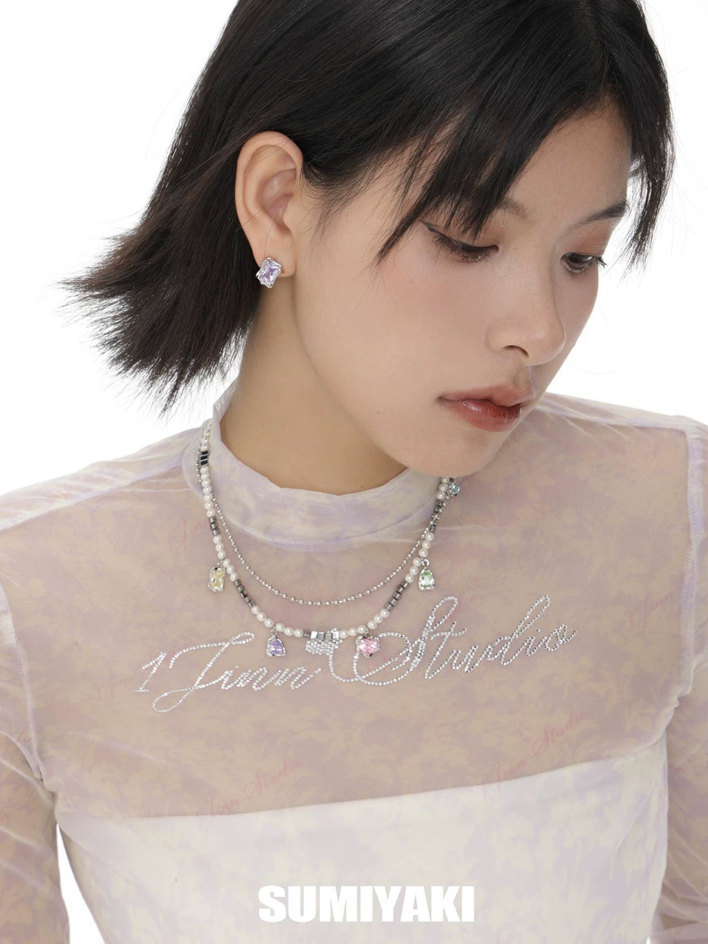 SUMIYAKI Rainbow Zircon Sweet Cool Pearl Necklace