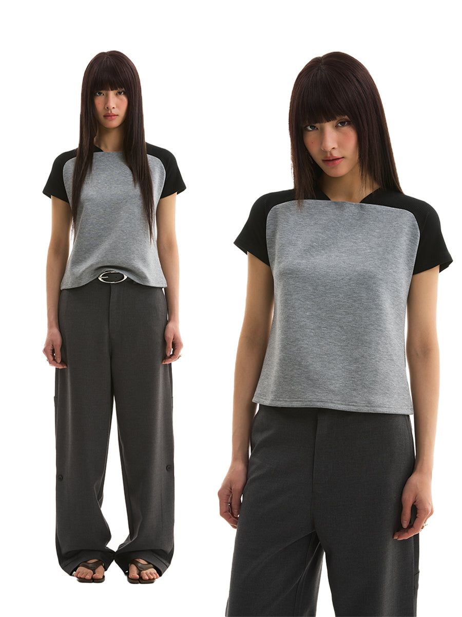 FUNKYFUN contrasting curved shoulder splicing V-neck tee