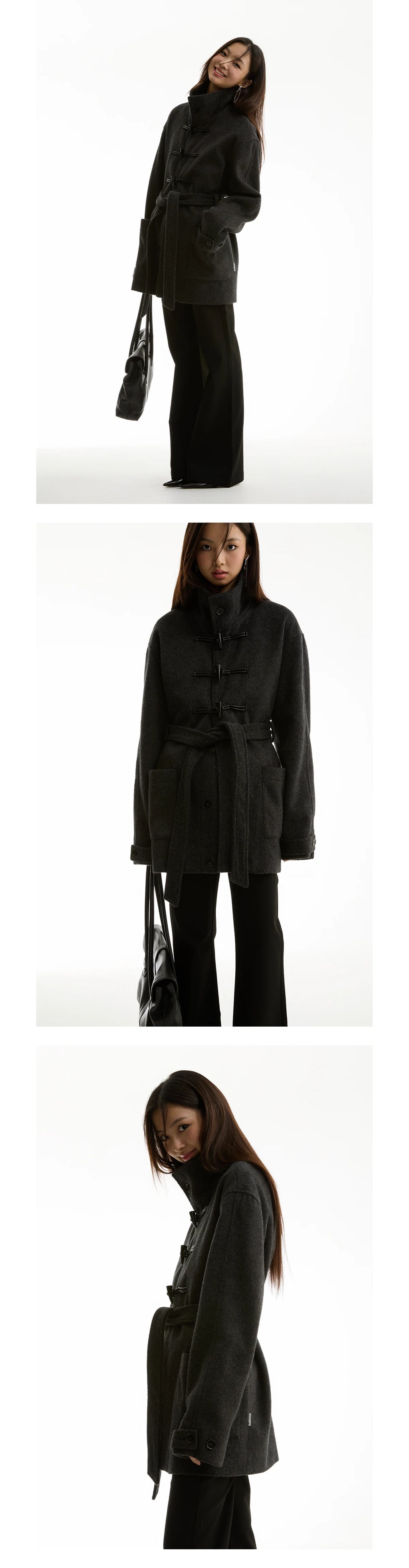 FUNKYFUN Horn Buckle Adjustable Belt Medium and Long Woolen Coat