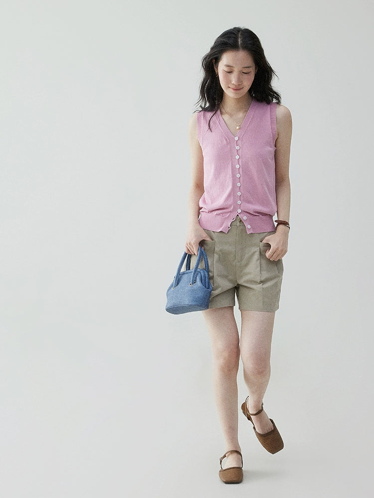 VOOE Semi-elastic Casual Pleated High-waisted Shorts