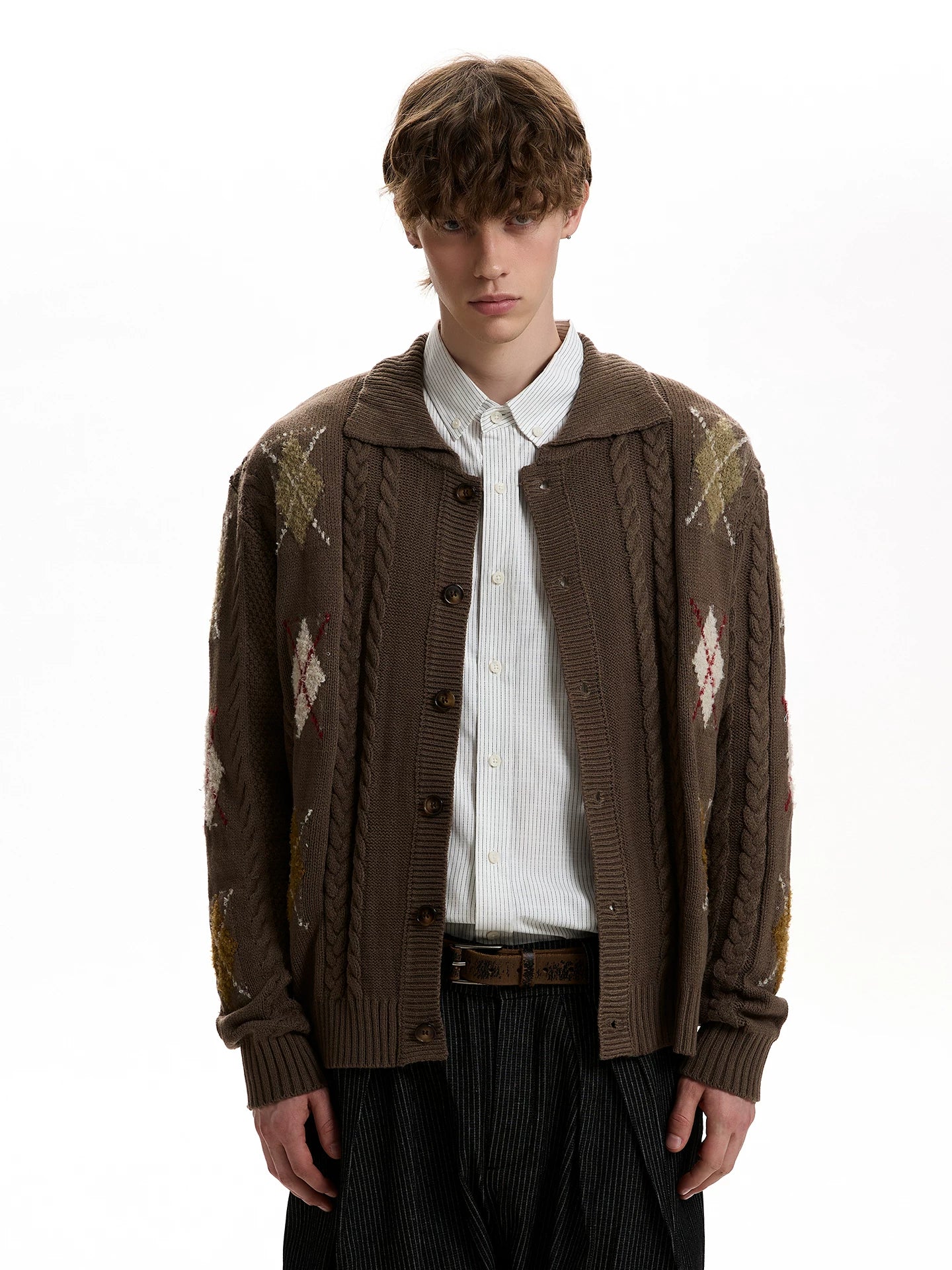 A PUEE Vintage Twist Rhombus Knitted Cardigan Sweater