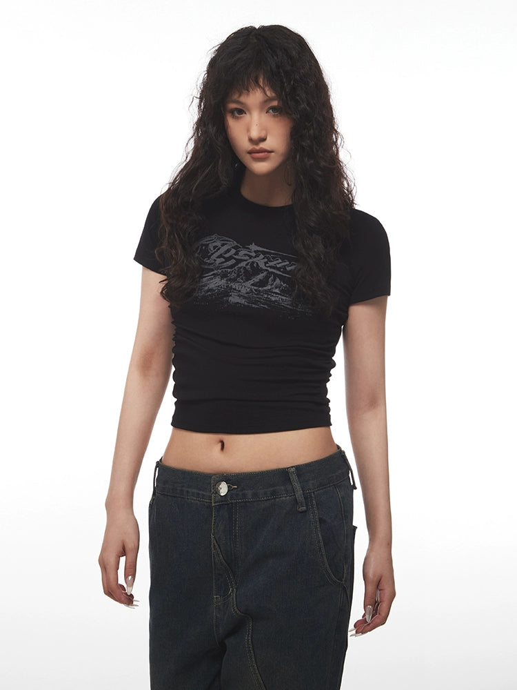 AIRHOOD Retro Simple Letter Print Pleated Tee