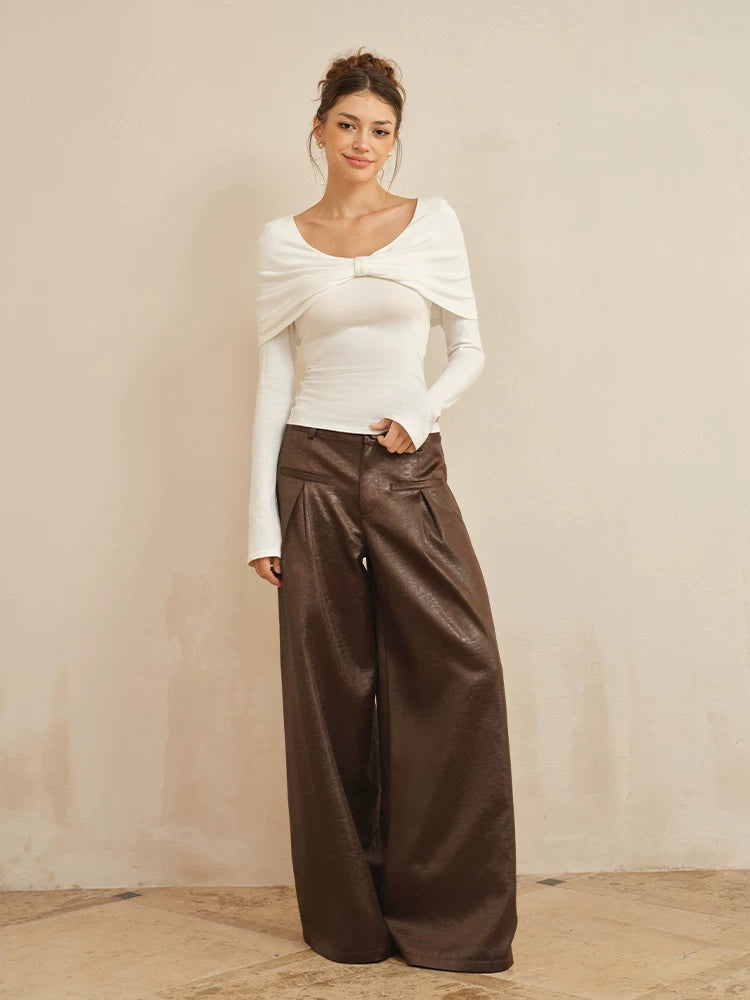 J TheChosen Satin Leather Double-pleated Loose Wide Leg Pants