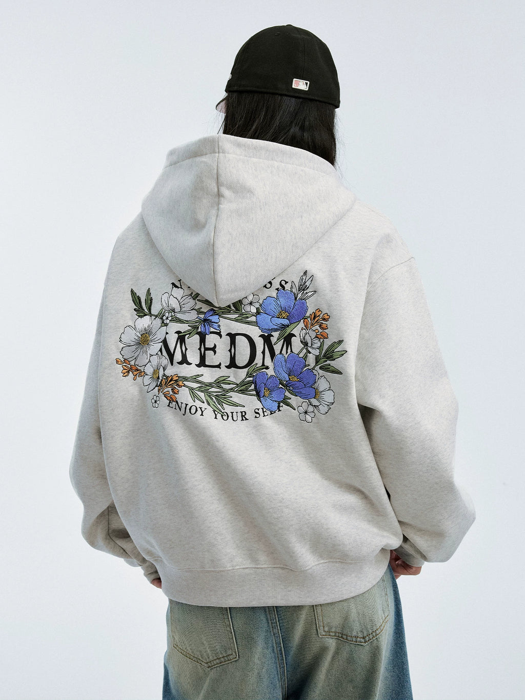 MEDM Flower Letter Embroidered Casual Zip Sweater