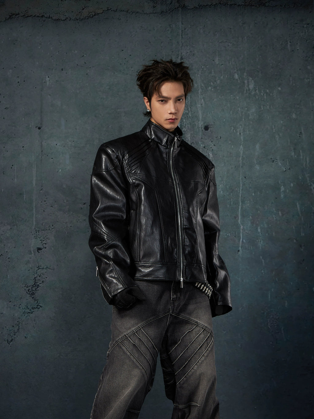 NUndefined Leather Jacket Stand-up Collar Motorcycle Jacket Zipper Jacket