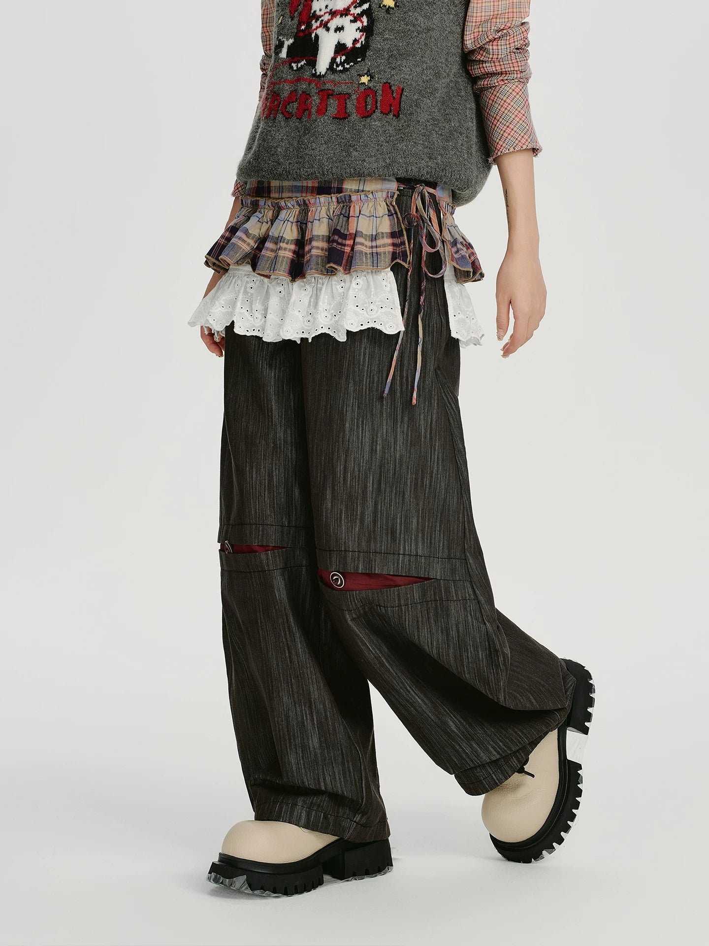 Girlyhalo Vintage Checkered Lace Stacked Fart Curtain