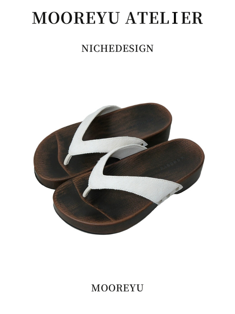 Mooreyu Thick Bottom Slope Heel Wood Bottom Versatile Vintage Slippers