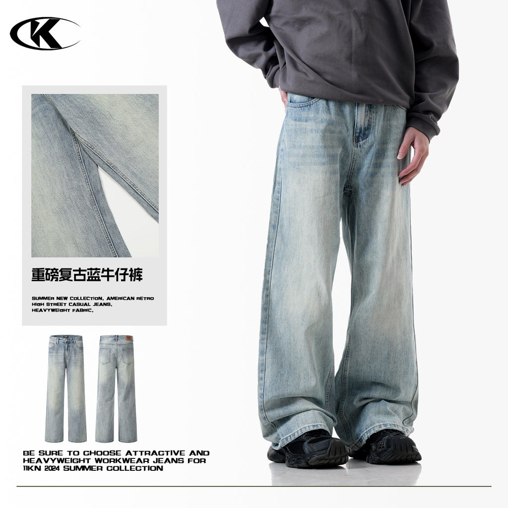 11KN Street Retro Blue Jeans American High Street Distressed Washed Straight Slim Loose Wide-leg Jeans