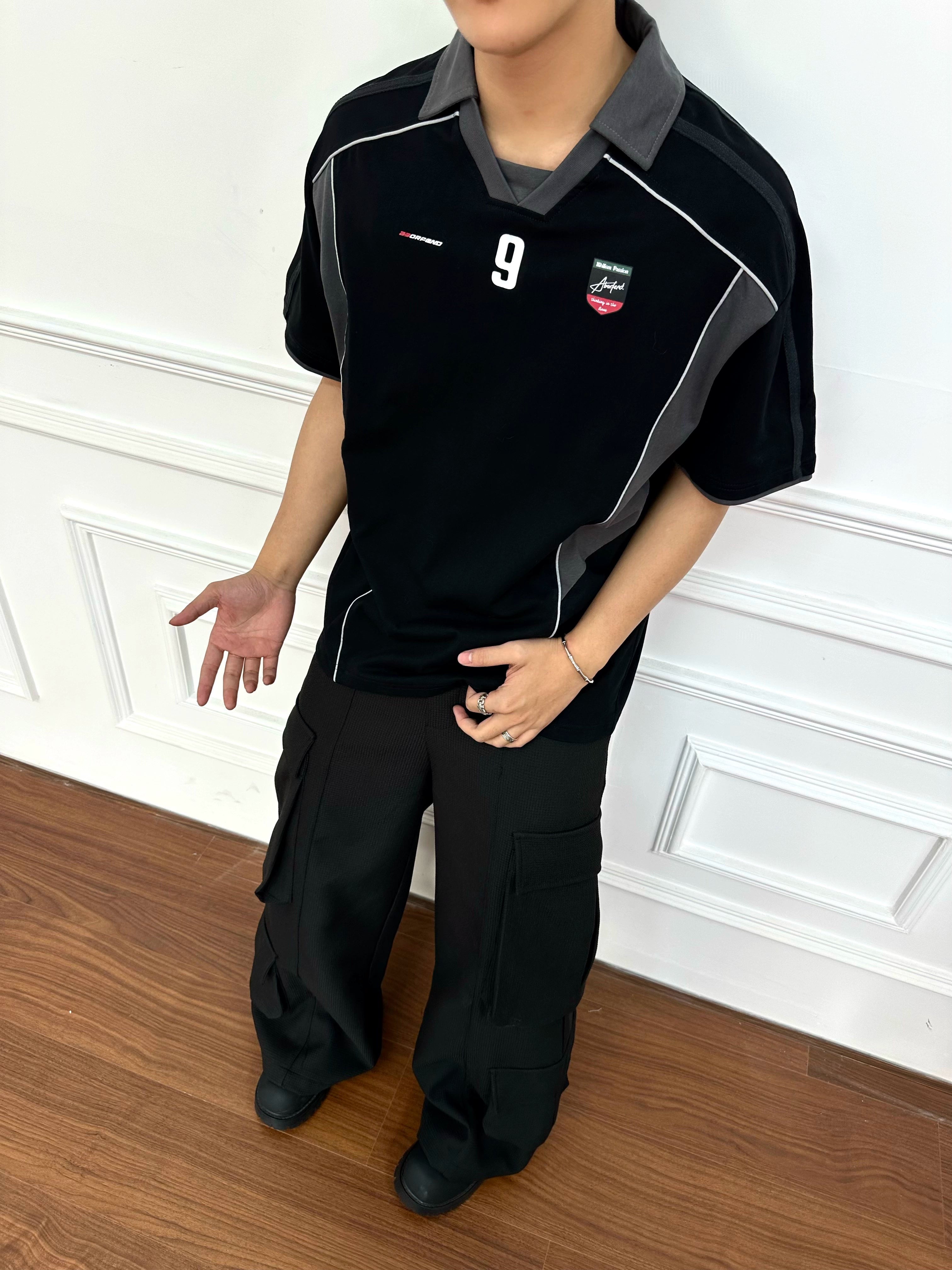 (Clearance) BeOurRule Splicing Letter Print Loose Polo Collar Tee