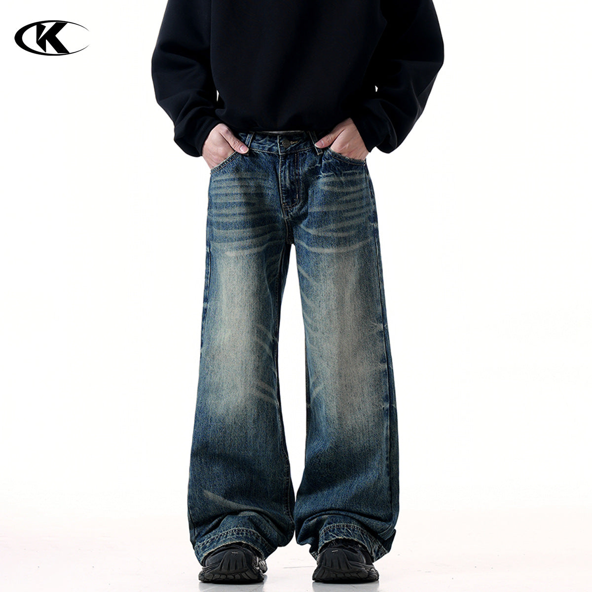 11KN American Retro Cleanfi Heavy High Street Washed Blue Loose Straight Wide Leg Long Jeans