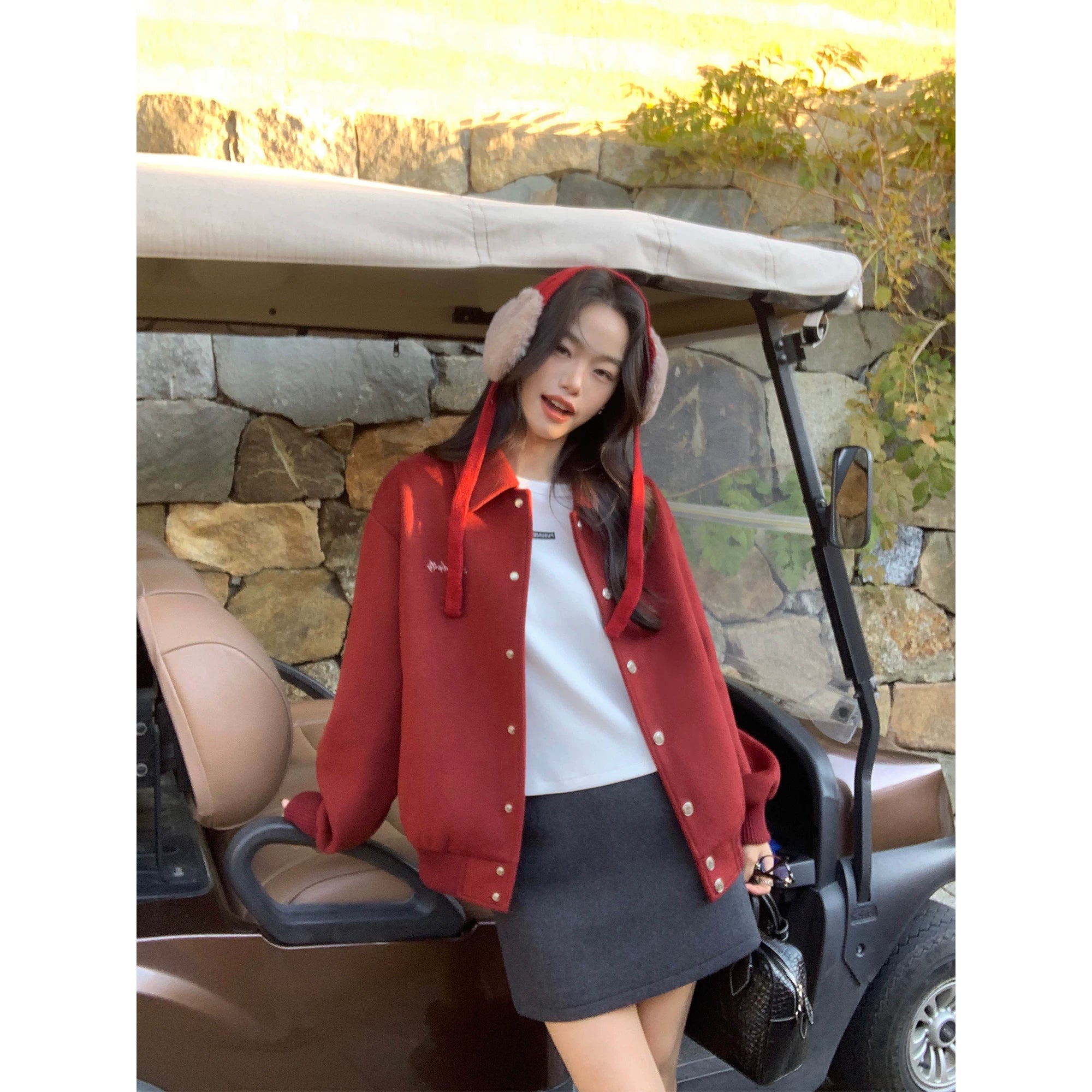 Pusumede Retro Red Lapel Loose Woolen Coat