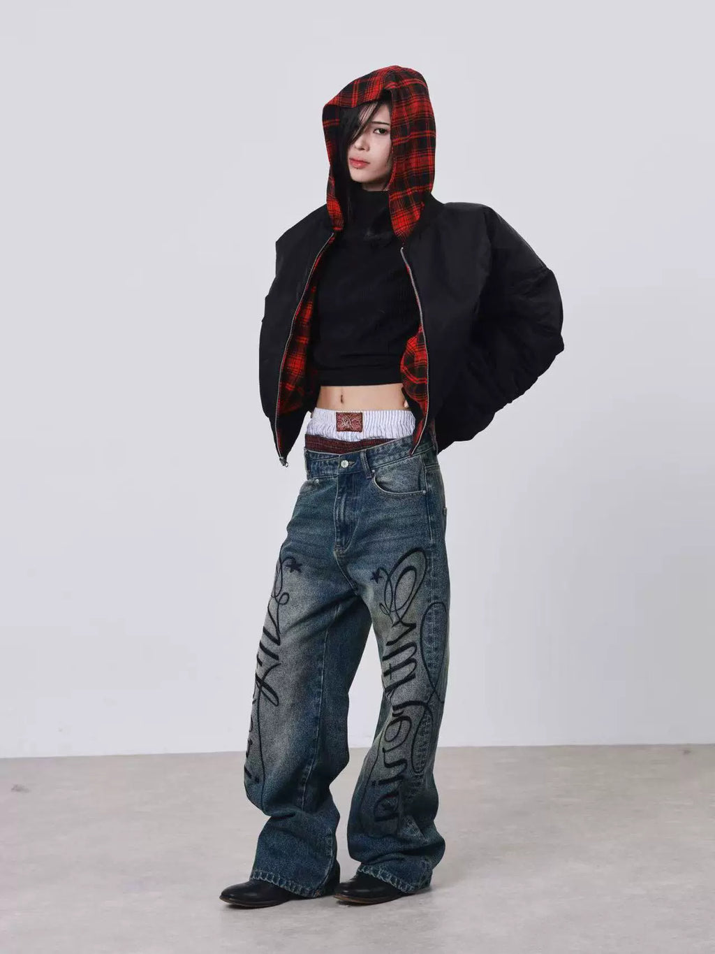 DETW Embroidered Print Vintage Loose Straight Jeans