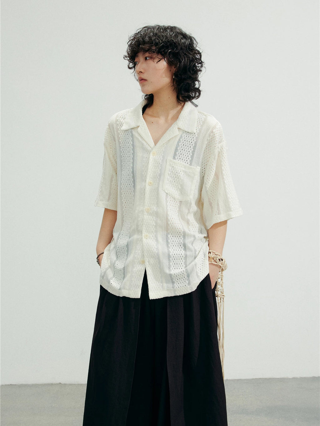SUNYVONNE Rhombus Hollow Loose Short Sleeve Shirt