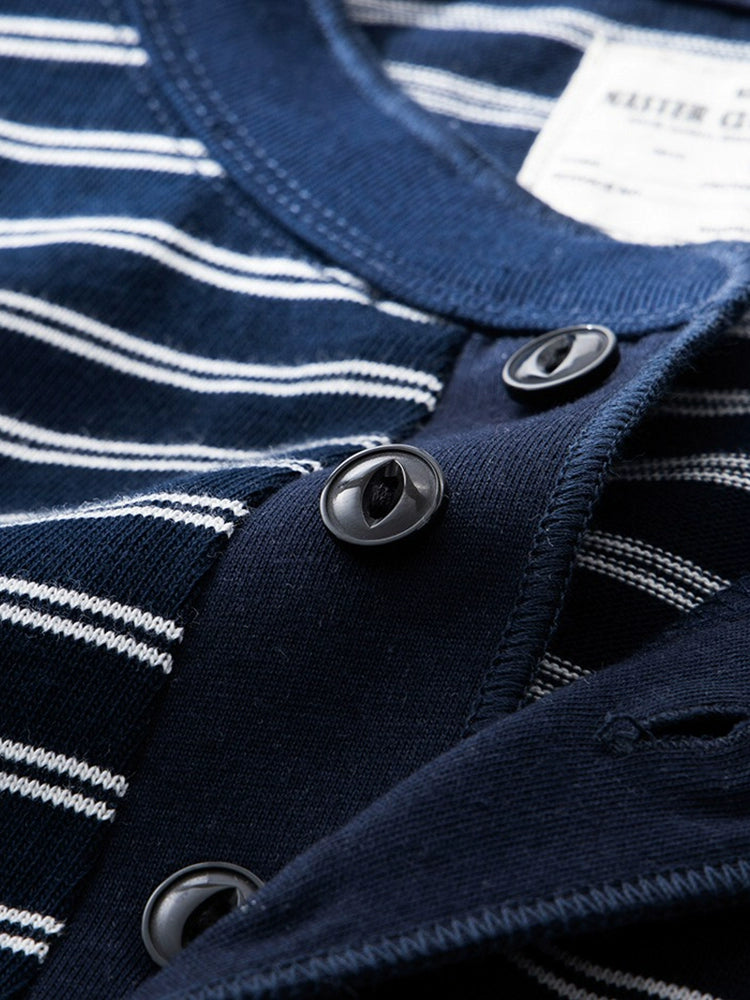 PrintAce Vintage Knitted Striped Henry Collar Button Tee