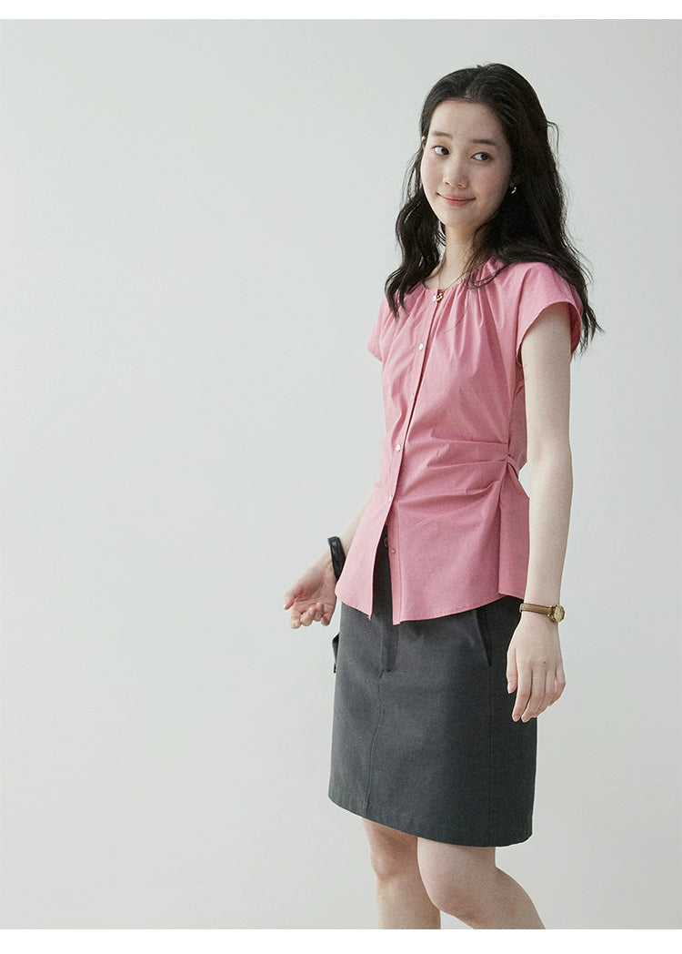 VOOE Crew Neck Waist Pleated Strap-on Shirt