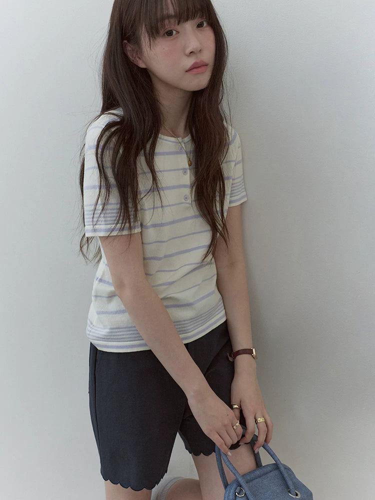 VOOE Contrasting Color Crew Neck Striped Knitted Tee