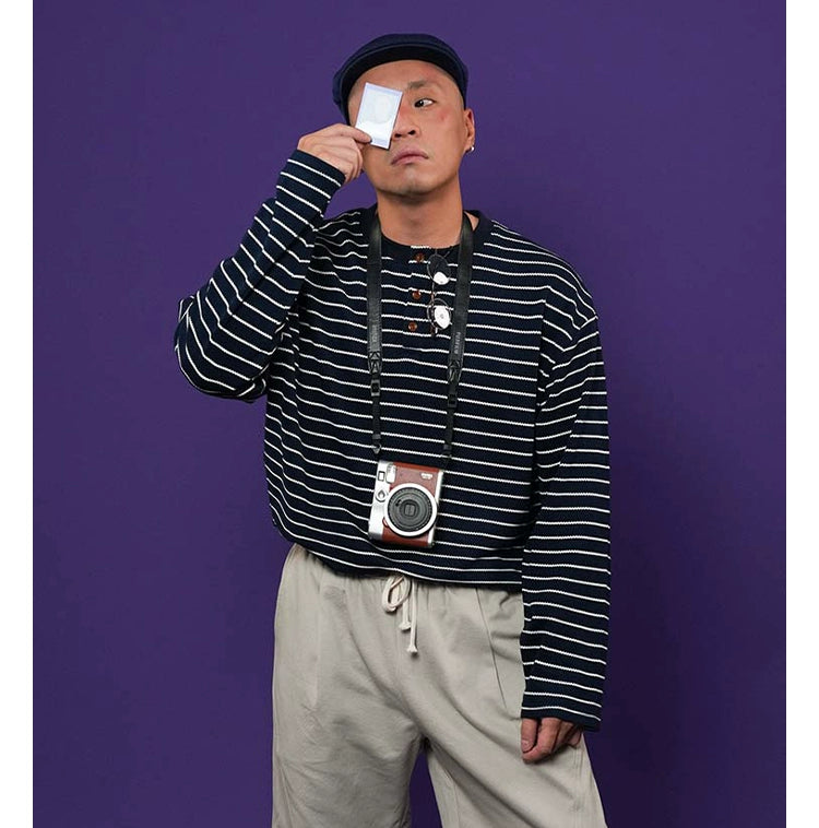 O3PARK Japanese Casual Collarless Striped Polo Shirt