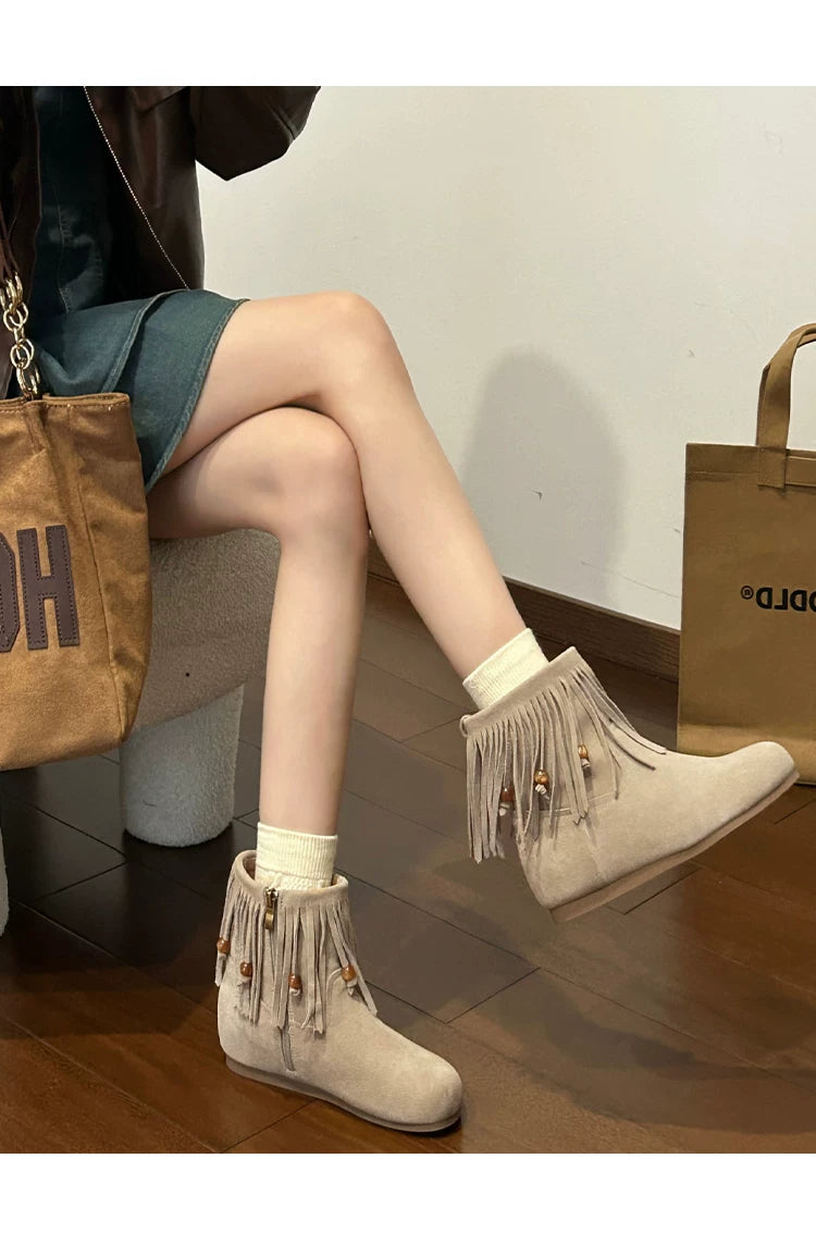 CHRNDXEE Frosted Suede Side Zipper Fringed Flat Boots