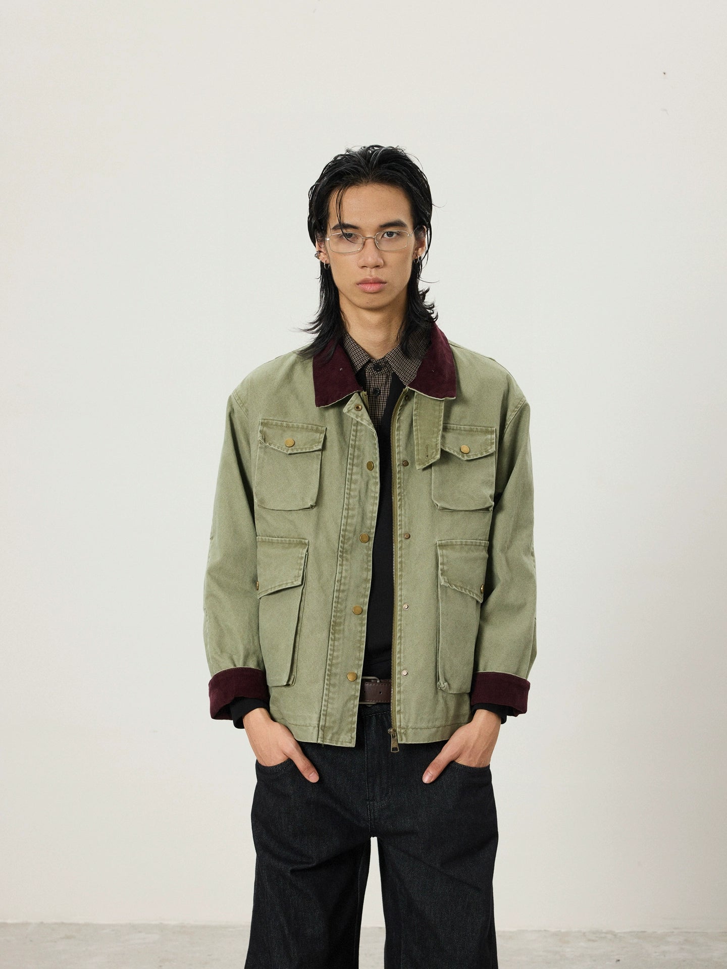 BTSG Vintage Contrasting Stitched Corduroy Collar Tooling Jacket