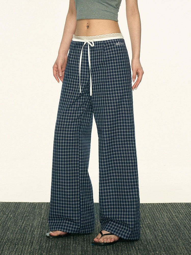 Aaisup Vintage Plaid Lace Spliced Bow Wide Leg Pants