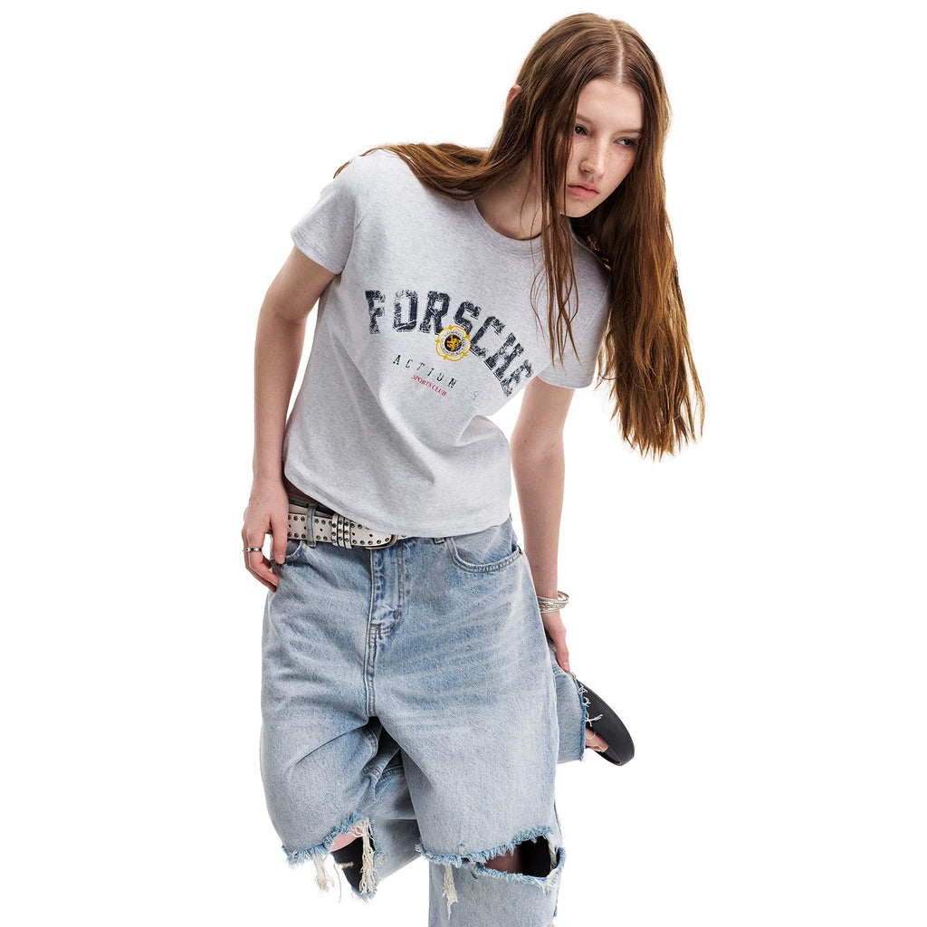 0123Start Retro Letter Print Crew Neck Tee