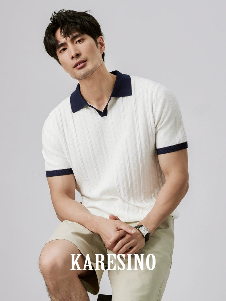 KARESINO Jacquard V-neck Contrasting Splicing Polo Shirt