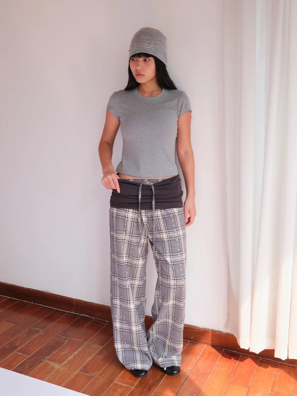 FUNKYFUN Waist Stacked Plaid Slacks