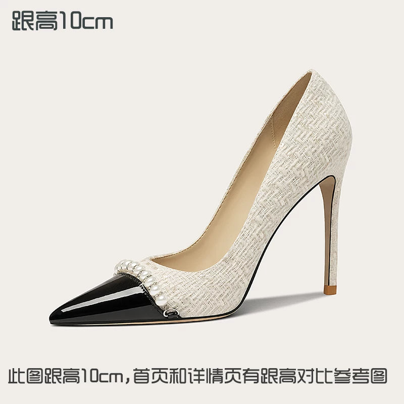 Lily Wei Color Matching Temperament Small Fragrant Style Pearl High Heels