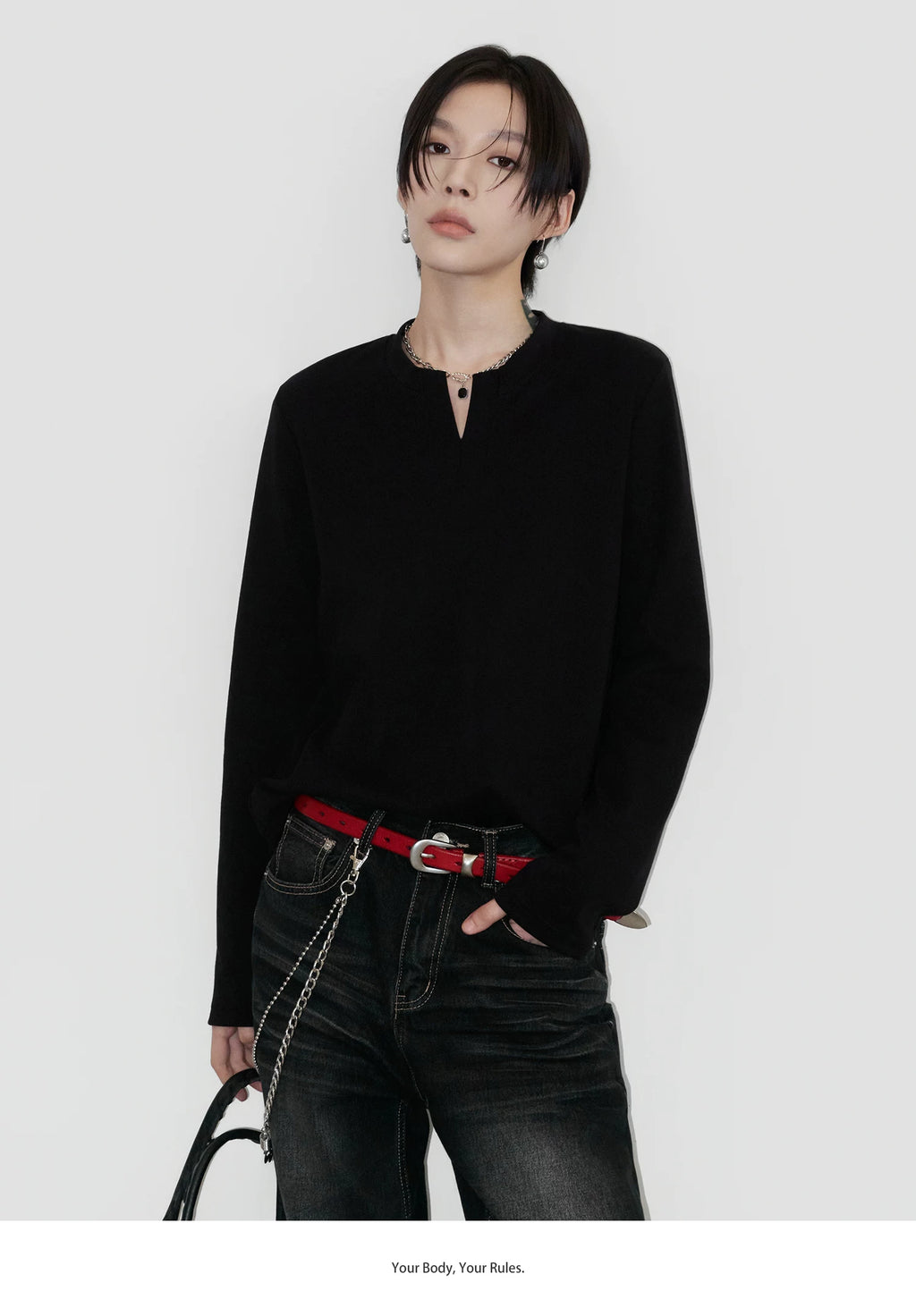 Sameuoo V-Neck Front Shoulder Casual Bottom Long Sleeve