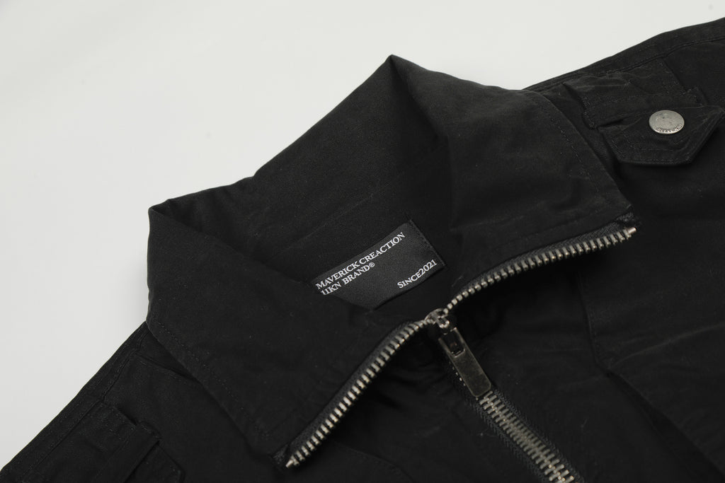 11KN Retro Splicing Slim-fitting Waist Short Wide Stand-up Collar Jacket