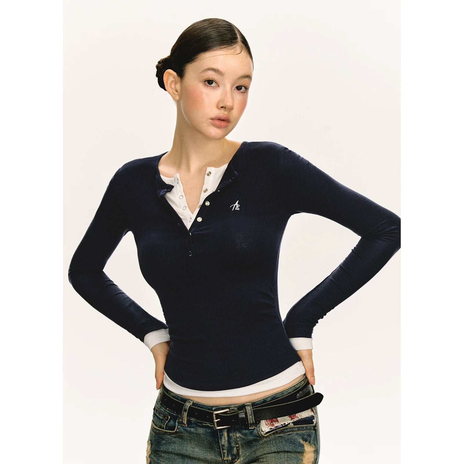 Ariseism Henry Collar Slim-fit Knitted Fake Two-piece Long Sleeve