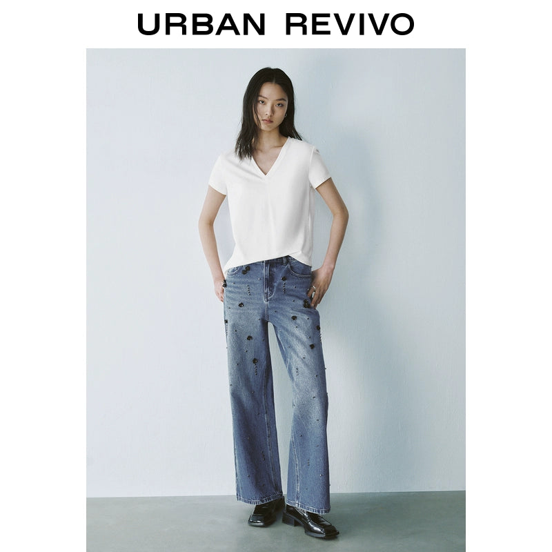 URBAN REVIVO Sports Versatile V-Neck Short Sleeve Tee