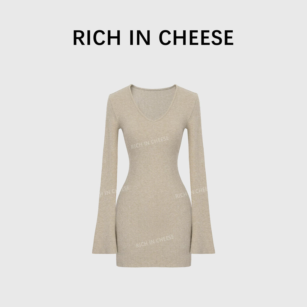 RICH IN CHEESE Waist Slim Knitted Long-sleeved Dress