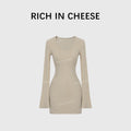 RICH IN CHEESE Waist Slim Knitted Long-sleeved Dress