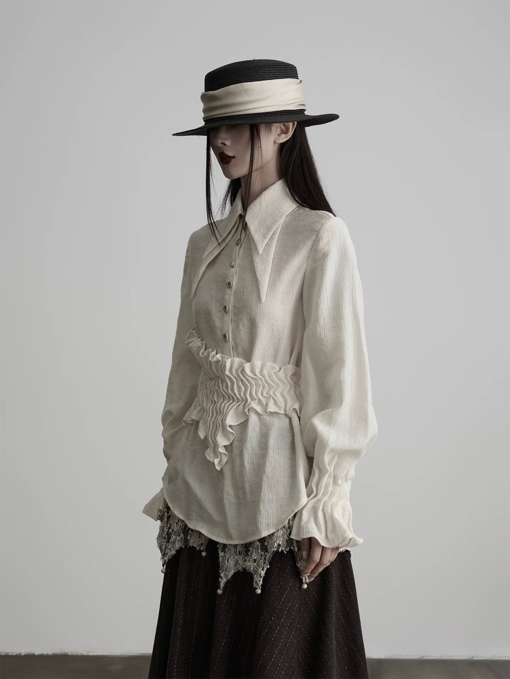 INDULGE Irregular Pleated Sleeve Shirt Long Sleeve