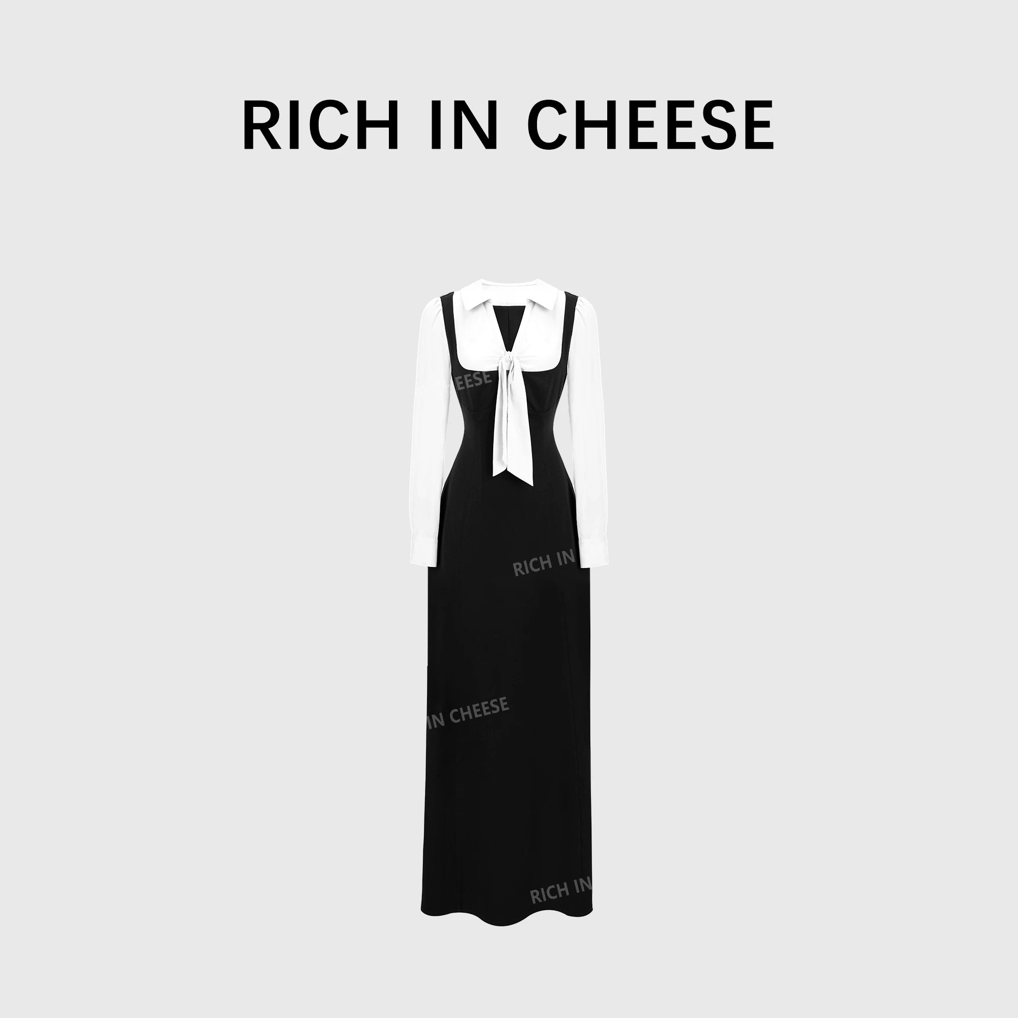 RICH IN CHEESE ACADEMY COLOR CONTRACT Splicing Bow Waist Dress