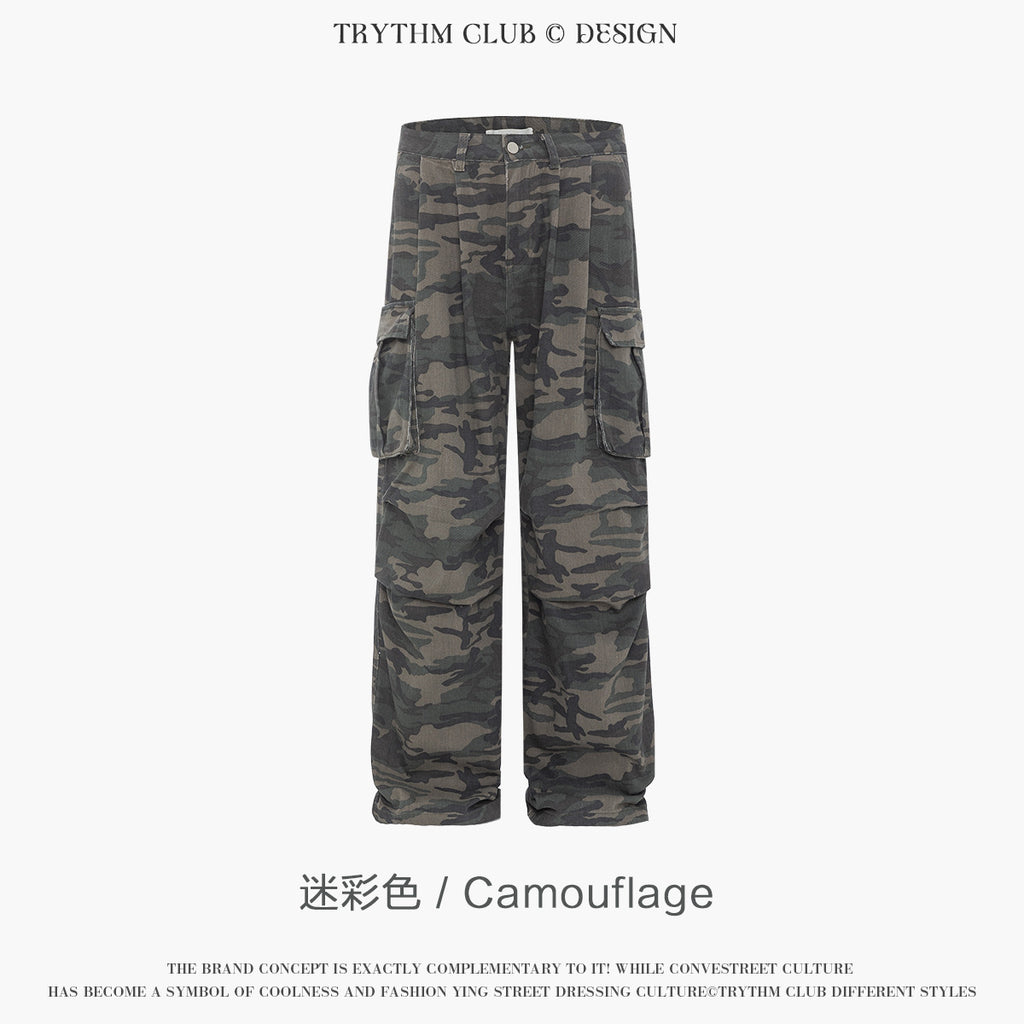 TRYTHMCLUB Vintage Camo Pocket Tooling Straight Loose Wide Leg Pants