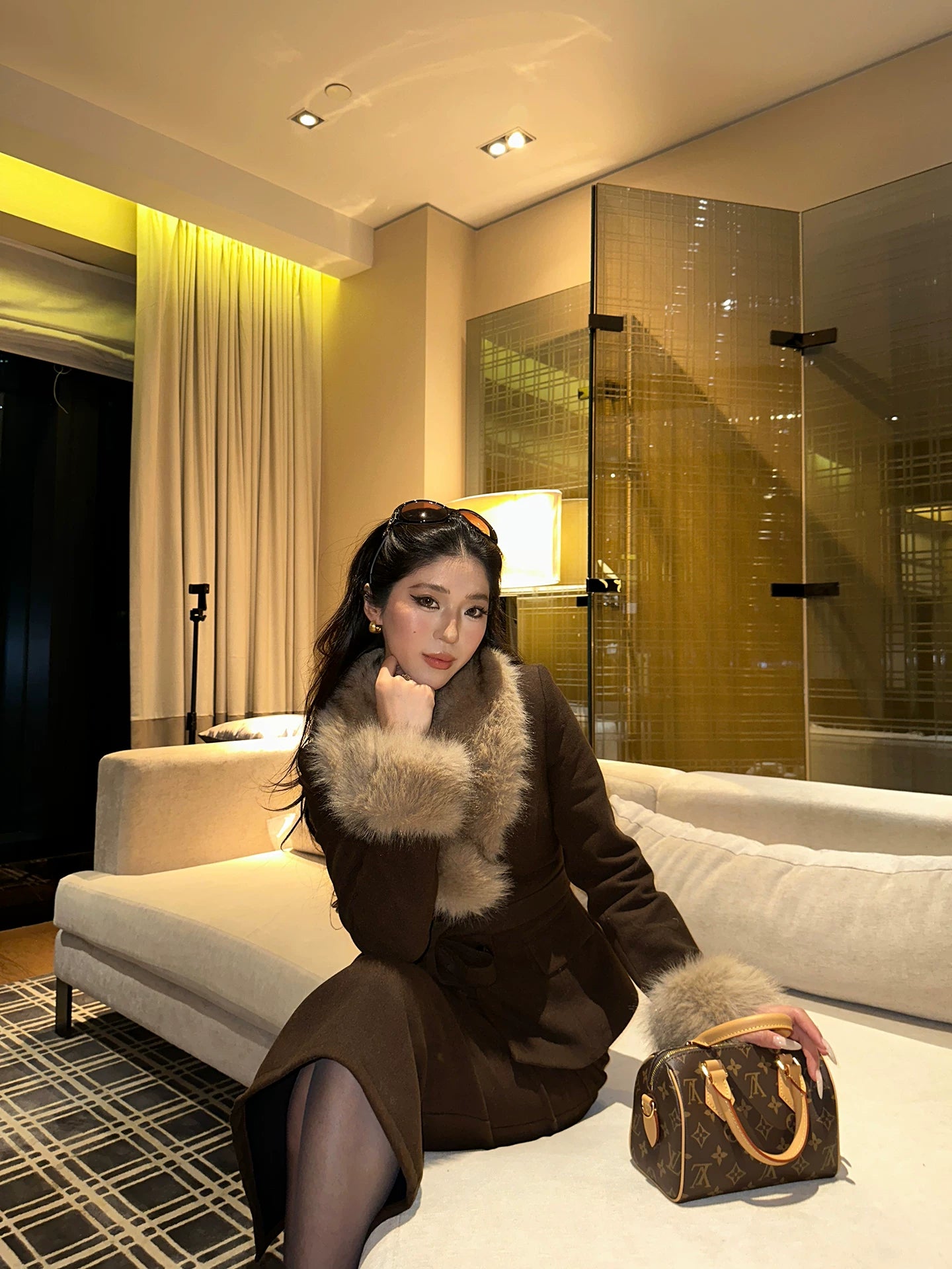 LLROGE Fur Collar Waist Woolen Jacket Skirt Set